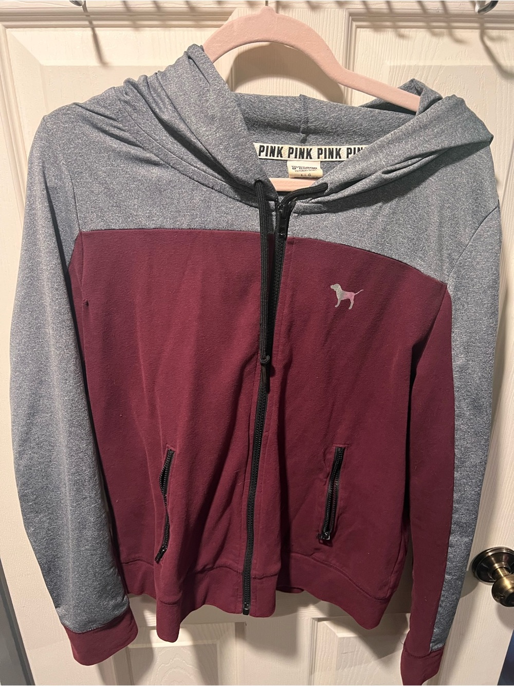 PINK Victoria's Secret Maroon and Gray Colorblock Zip Hoodie